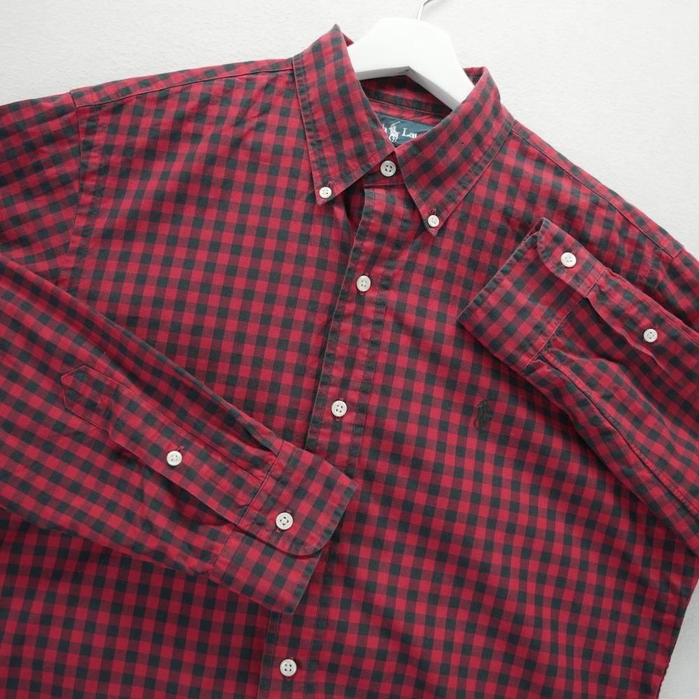 Polo Ralph Lauren Mens Custom Fit Gingham Check Shirt Red Black Long Sleeve M
